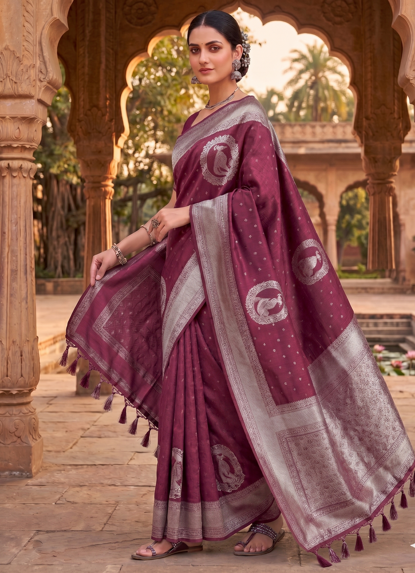 Wine Woven Design Kanjivaram Saree