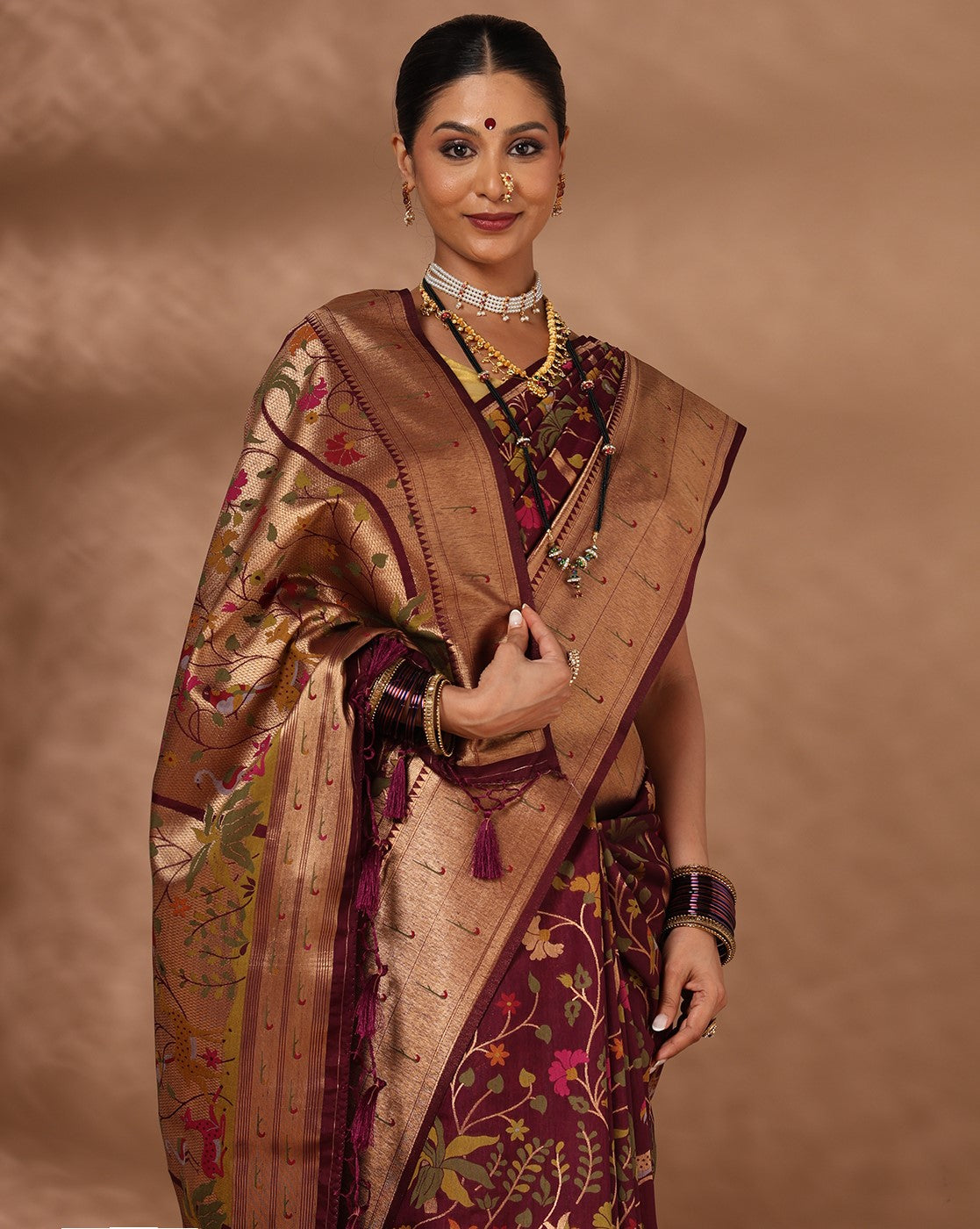 Wine Woven Design Dola Silk Saree