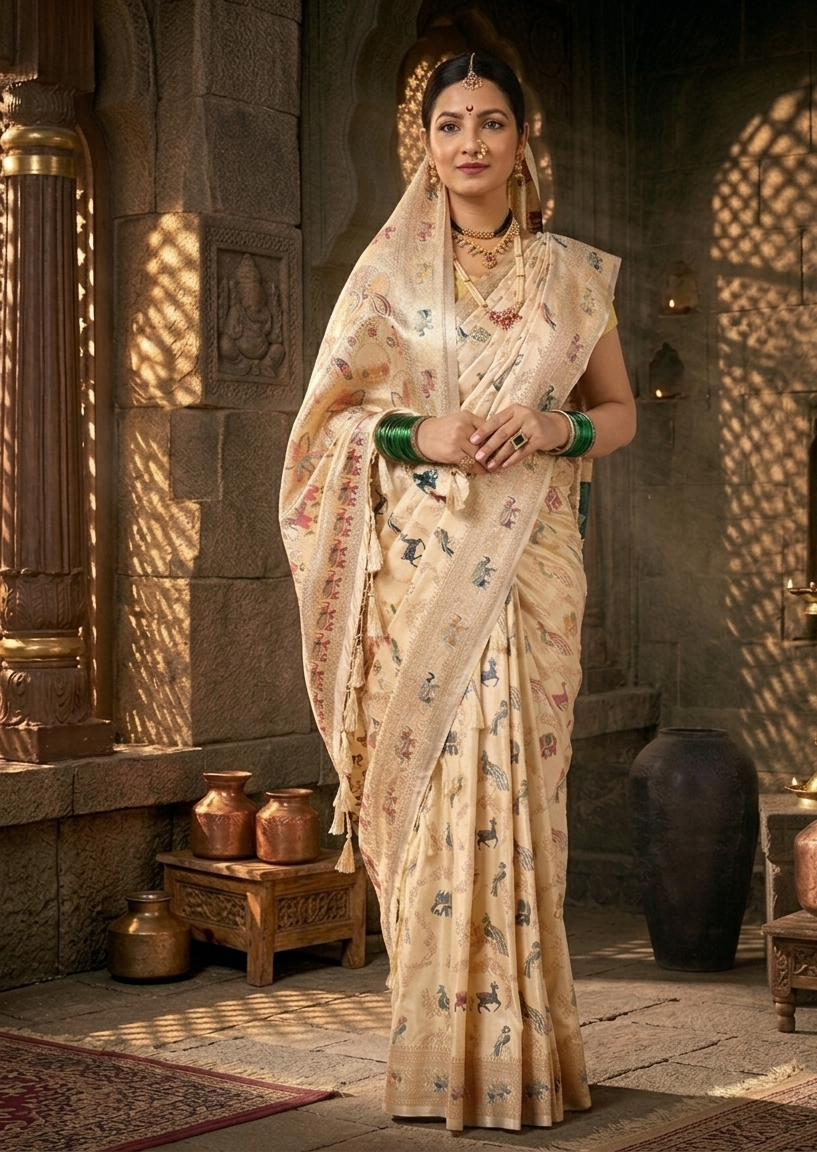 Off White Woven Design Satin Saree