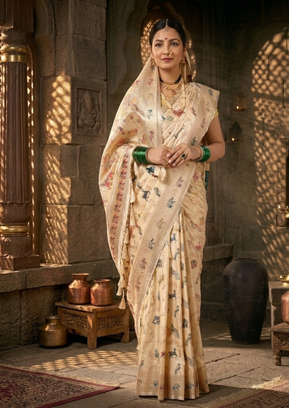 Off White Woven Design Satin Saree