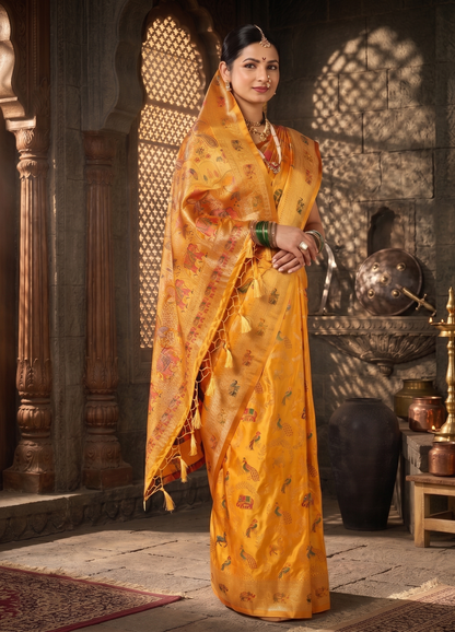 Mustard Woven Design Satin Saree