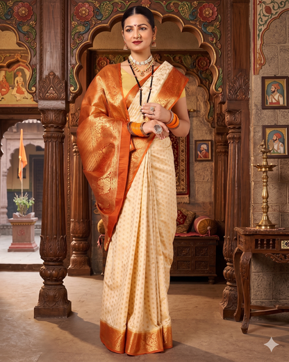 Off White Orange Woven Design Balaton Saree