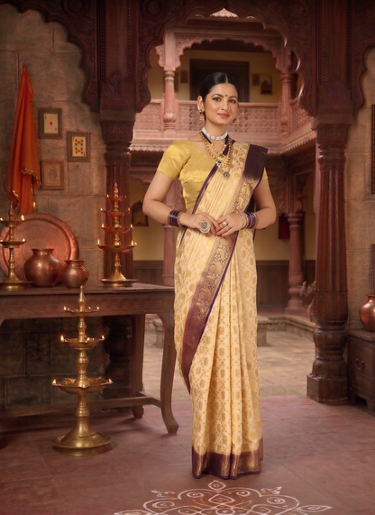 Off White Purple Woven Design Balaton Saree