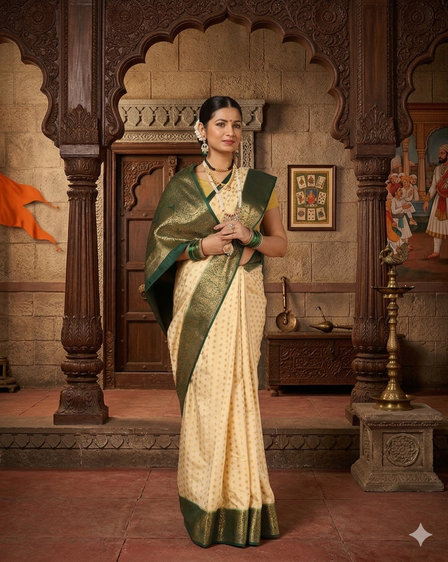 Off White Bottle Green Woven Design Balaton Saree