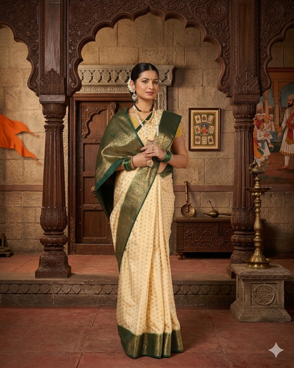 Off White Bottle Green Woven Design Balaton Saree