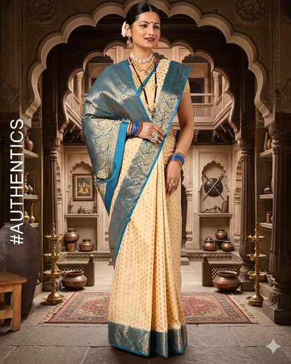 Off White Peacock Blue Woven Design Balaton Saree