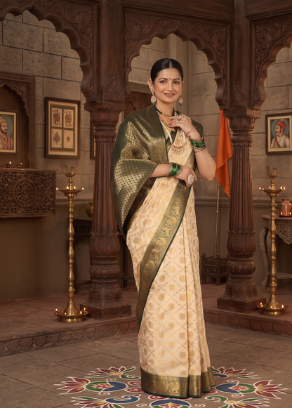 Off White Bottle Green Woven Design Balaton Saree