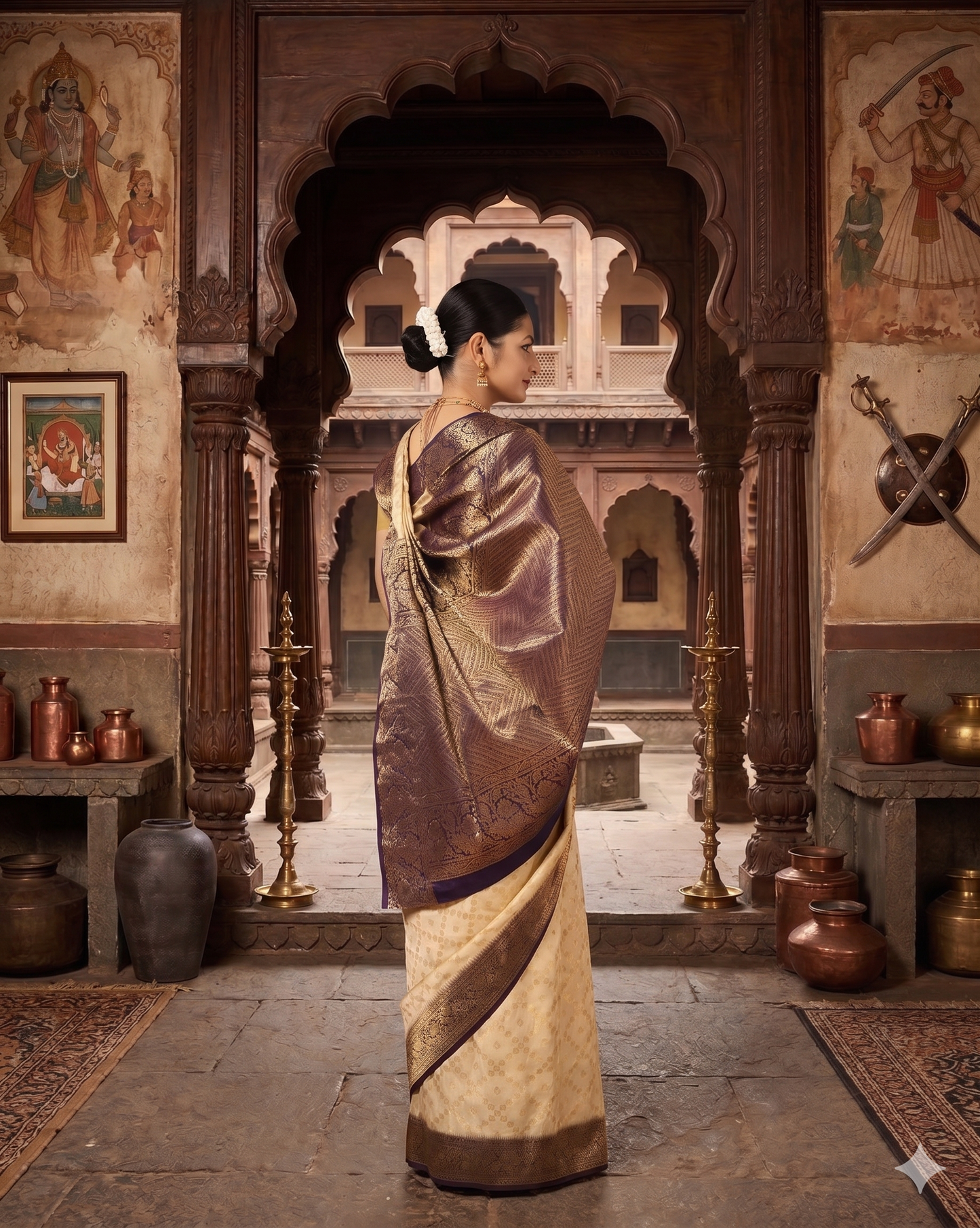 Off White Navy Woven Design Balaton Saree