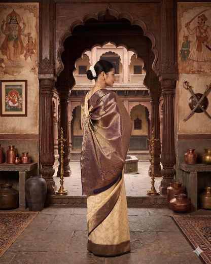 Off White Navy Woven Design Balaton Saree