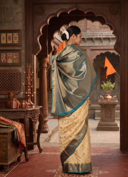 Off White Blue Woven Design Balaton Saree