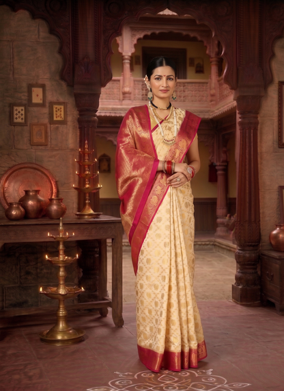 Off White Rani Pink Woven Design Balaton Saree