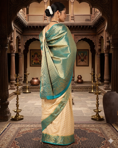 Off White Dark Blue Woven Design Balaton Saree
