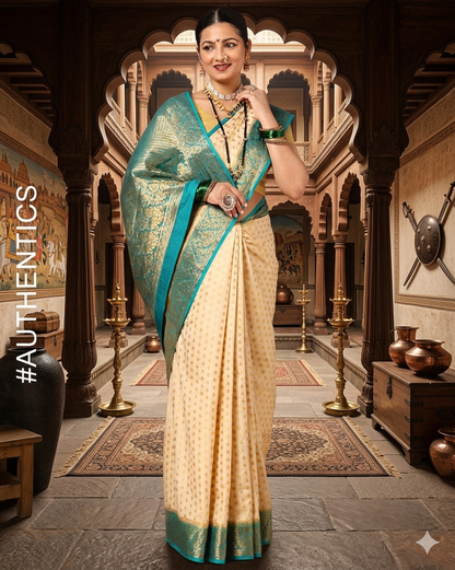 Off White Dark Blue Woven Design Balaton Saree