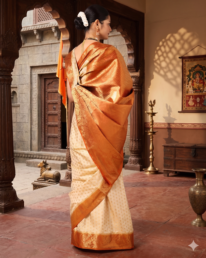 Off White Orange Woven Design Balaton Saree