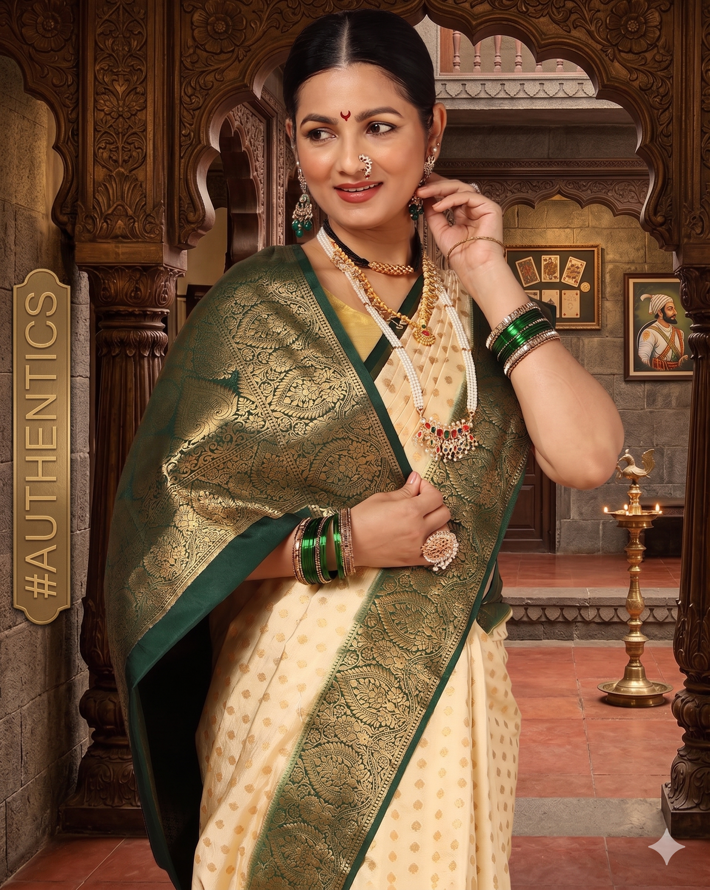 Off White Bottle Green Woven Design Balaton Saree
