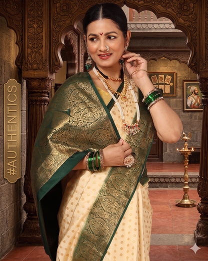 Off White Bottle Green Woven Design Balaton Saree