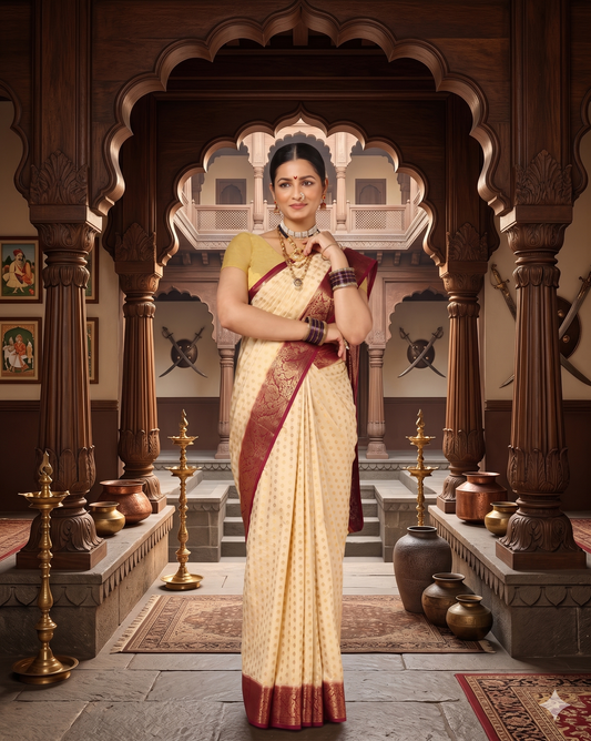 Off White Maroon Woven Design Balaton Saree
