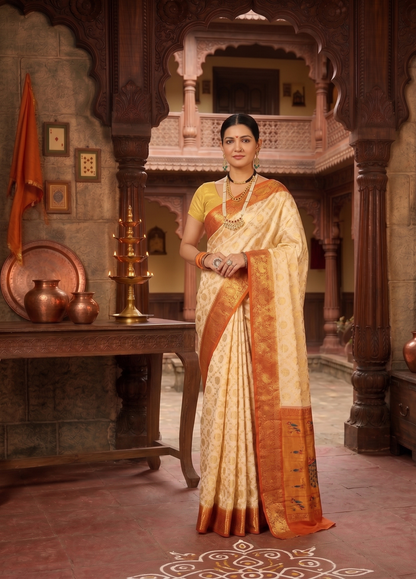 Off White Mustard Woven Design Balaton Saree