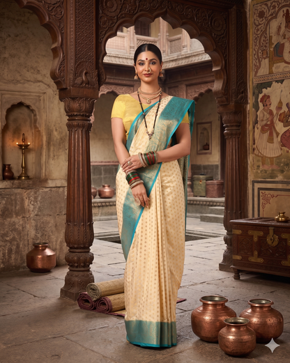 Off White Dark Blue Woven Design Balaton Saree