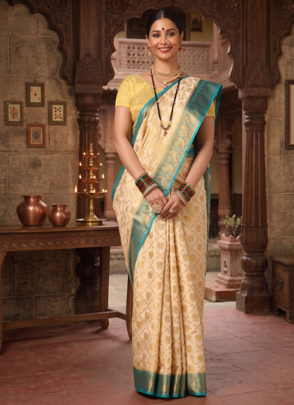 Off White Dark Blue Woven Design Balaton Saree