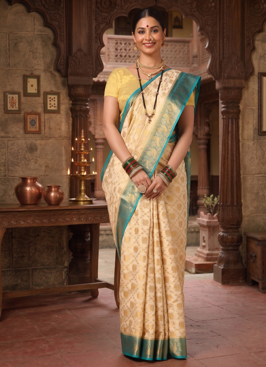 Off White Dark Blue Woven Design Balaton Saree