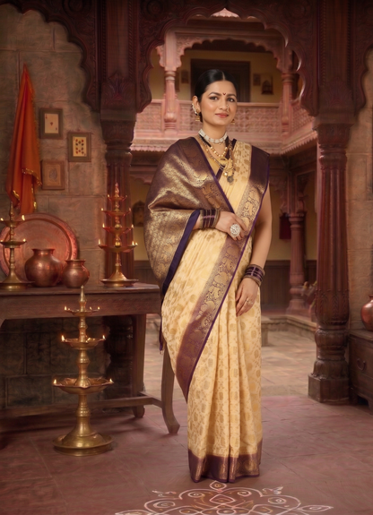 Off White Purple Woven Design Balaton Saree