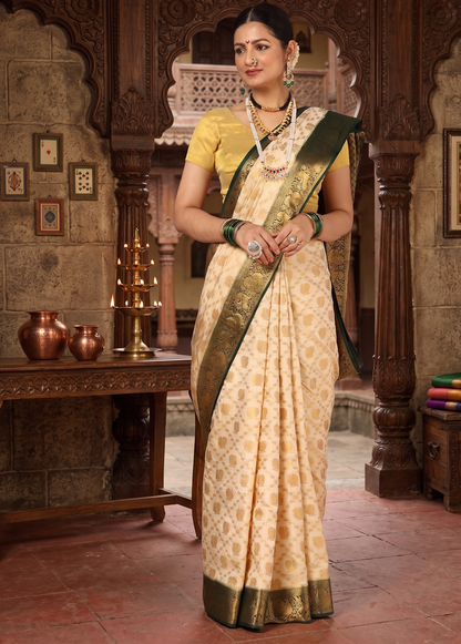 Off White Bottle Green Woven Design Balaton Saree