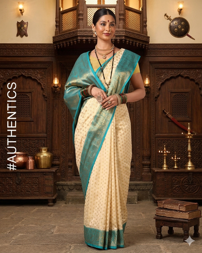 Off White Dark Blue Woven Design Balaton Saree