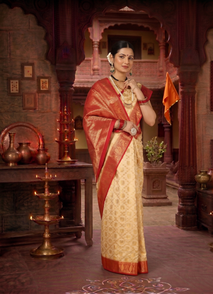 Off White Red Woven Design Balaton Saree