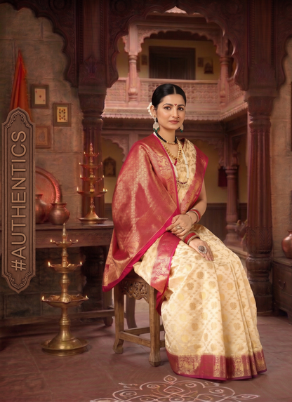 Off White Rani Pink Woven Design Balaton Saree
