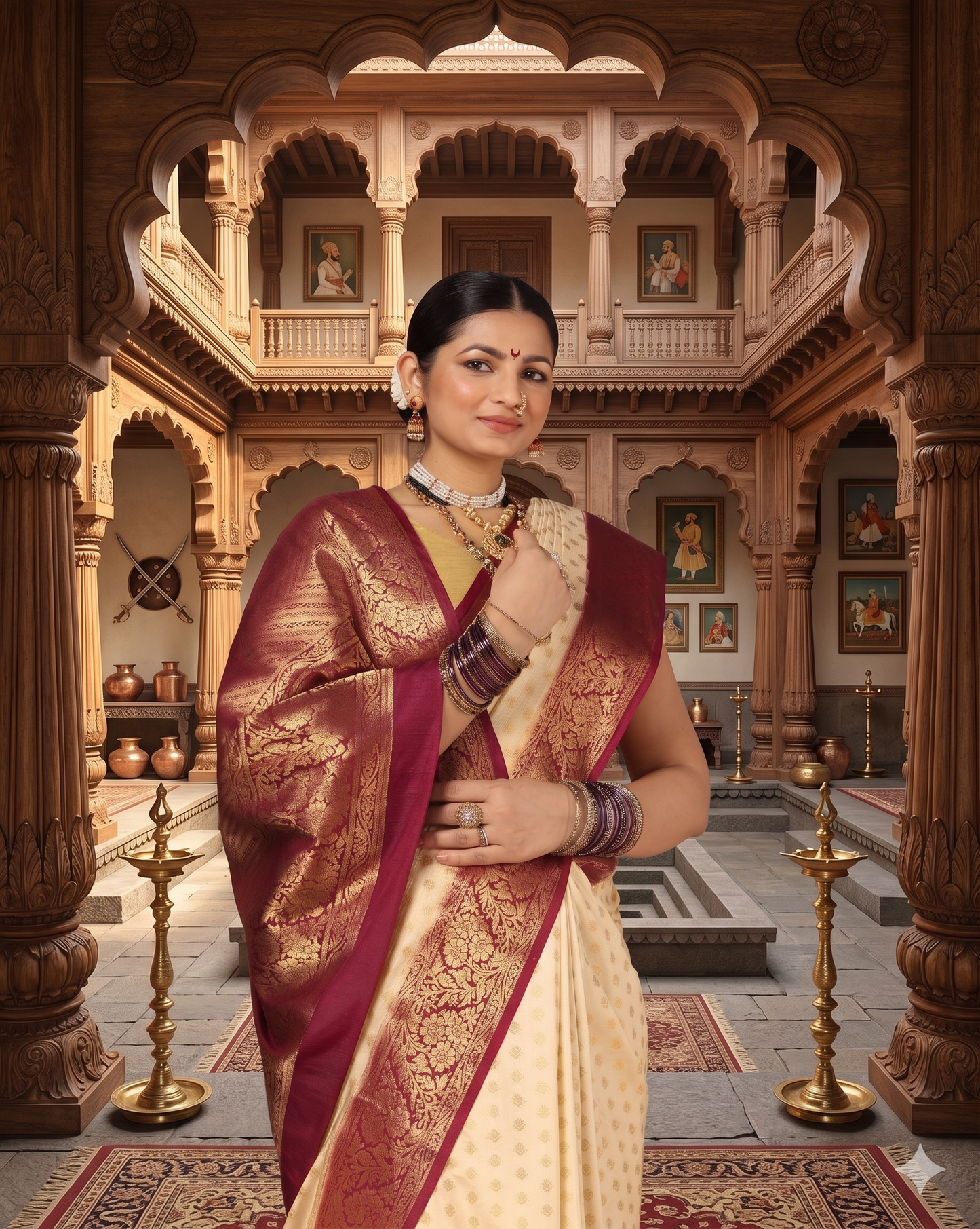 Off White Maroon Woven Design Balaton Saree
