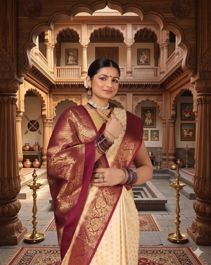 Off White Maroon Woven Design Balaton Saree