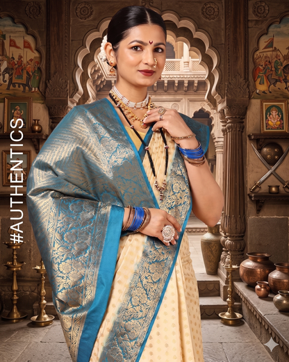 Off White Peacock Blue Woven Design Balaton Saree