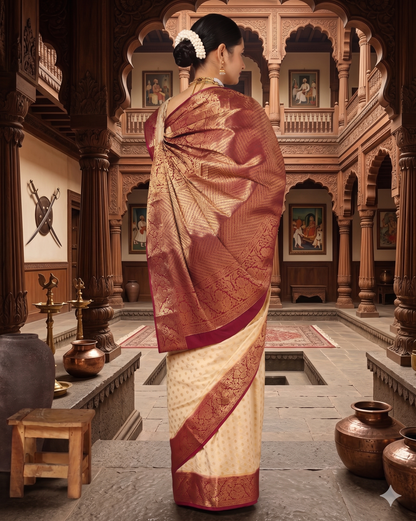 Off White Maroon Woven Design Balaton Saree