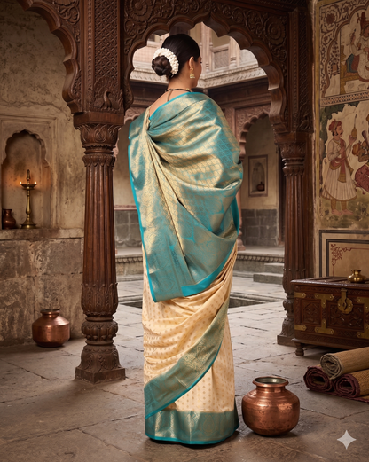 Off White Dark Blue Woven Design Balaton Saree