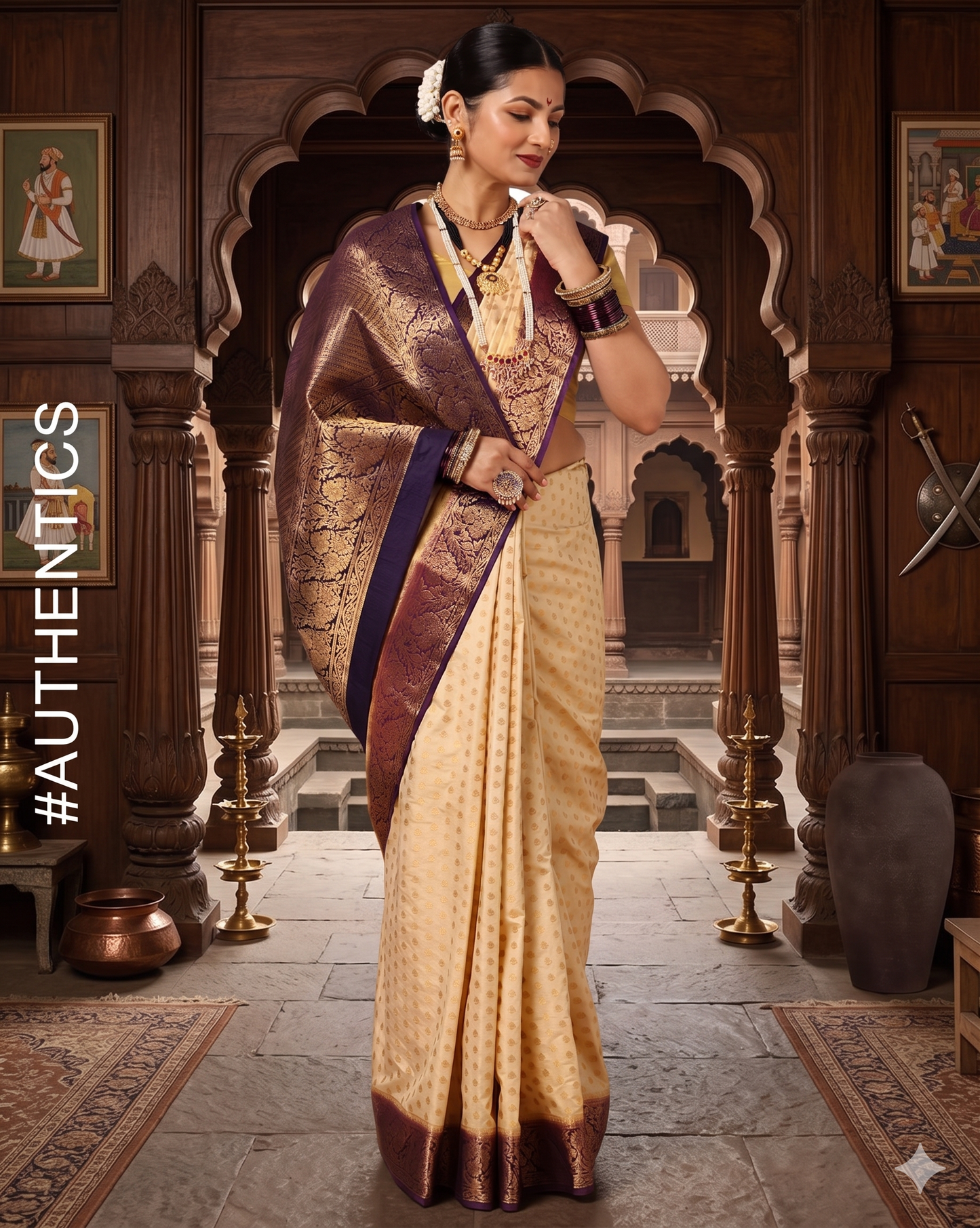 Off White Navy Woven Design Balaton Saree