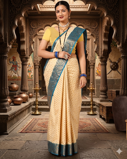 Off White Peacock Blue Woven Design Balaton Saree