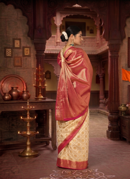 Off White Rani Pink Woven Design Balaton Saree