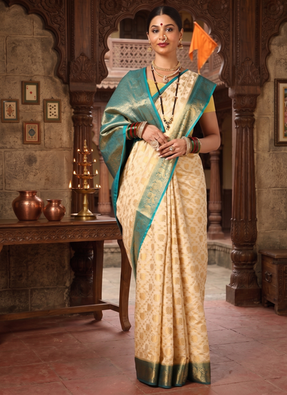 Off White Dark Blue Woven Design Balaton Saree