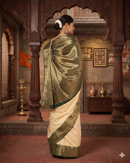 Off White Bottle Green Woven Design Balaton Saree