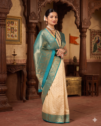 Off White Dark Blue Woven Design Balaton Saree