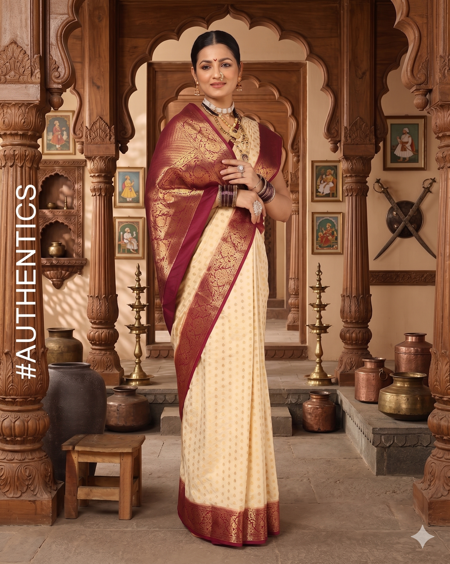 Off White Maroon Woven Design Balaton Saree