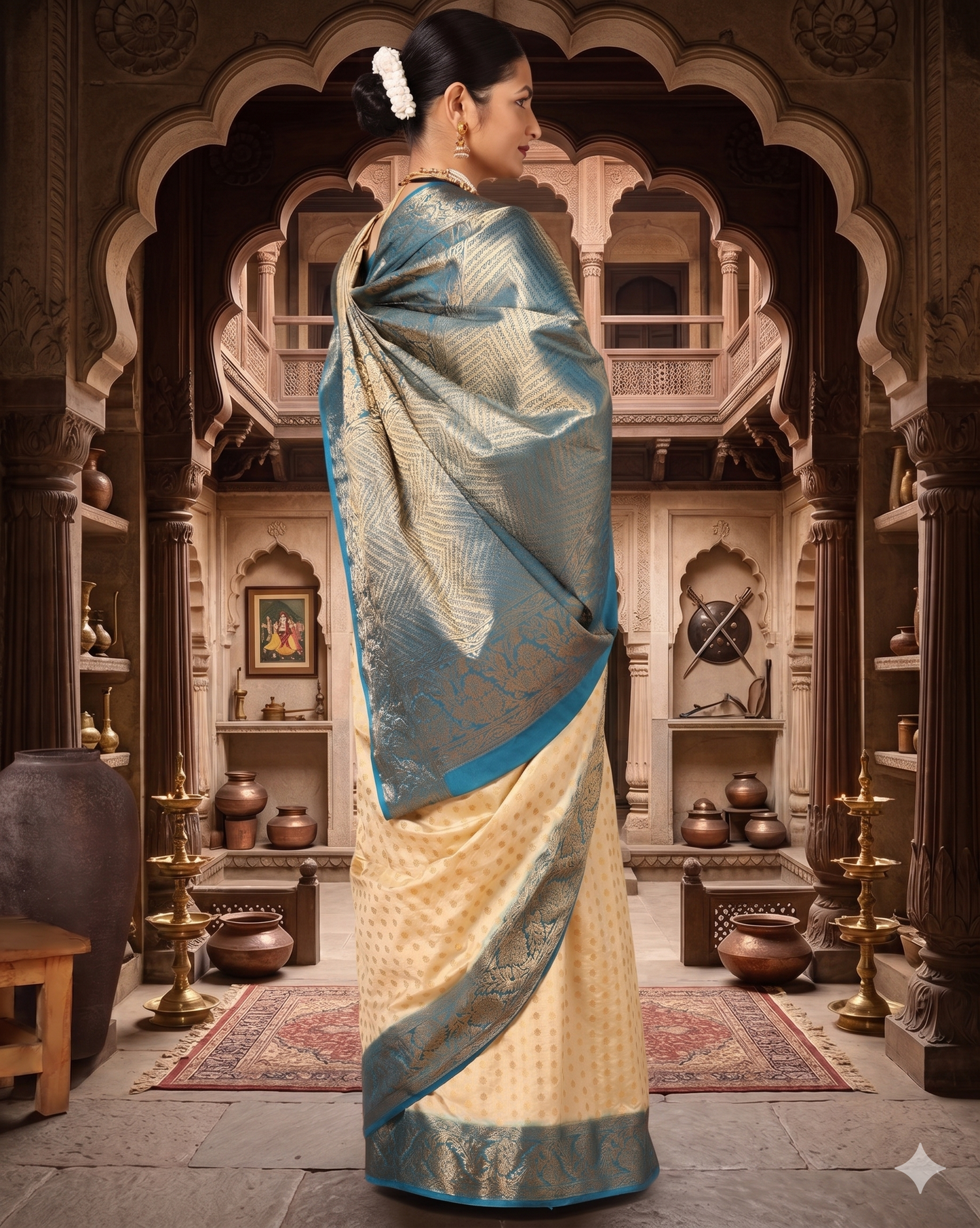 Off White Peacock Blue Woven Design Balaton Saree