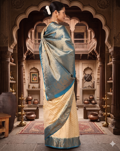 Off White Peacock Blue Woven Design Balaton Saree