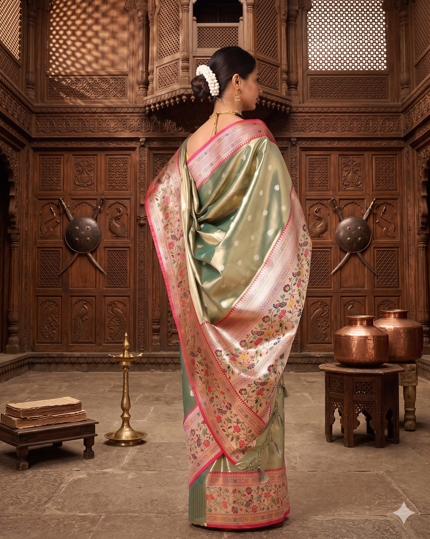Green Woven Design Viscoris Saree
