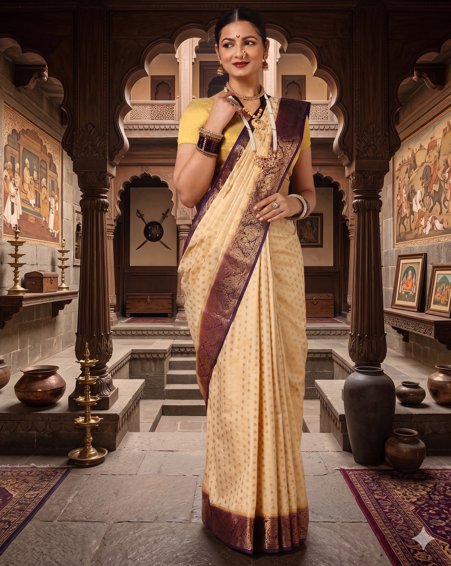 Off White Navy Woven Design Balaton Saree