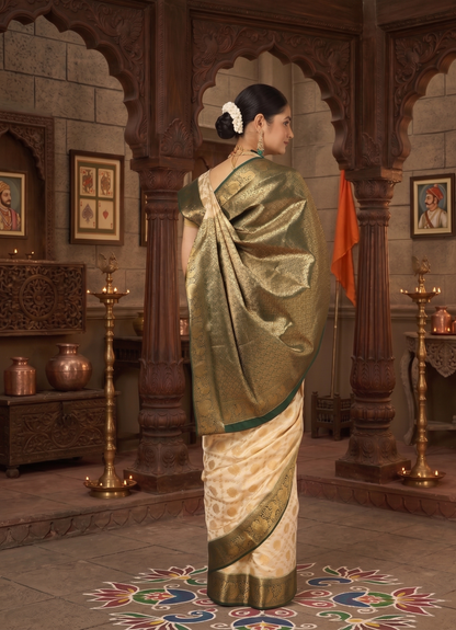 Off White Bottle Green Woven Design Balaton Saree