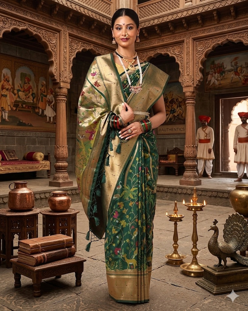 Dark Green Woven Design Dola Silk Saree