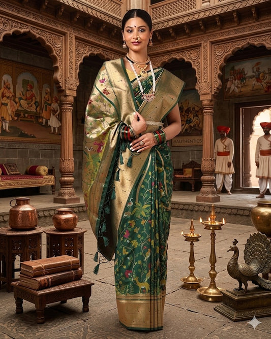 Dark Green Woven Design Dola Silk Saree