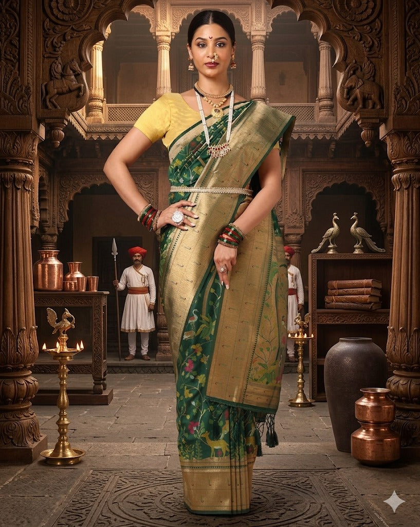 Dark Green Woven Design Dola Silk Saree